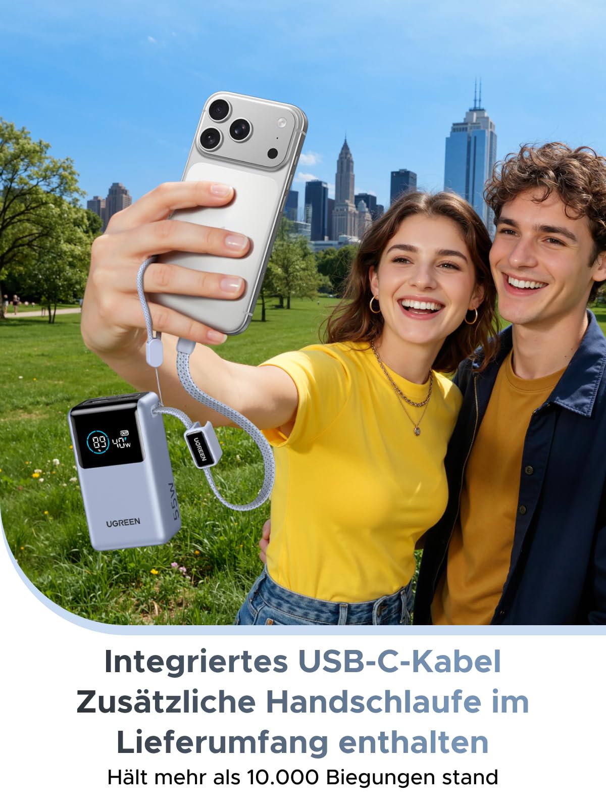 UGREEN 55W Power Bank 10000mAh mit integriertem Kabel, Mi Turbo Charge für Xiaomi, 45W PD Schnellladung Kompatibel mit iPhone 17/16/15, Blau