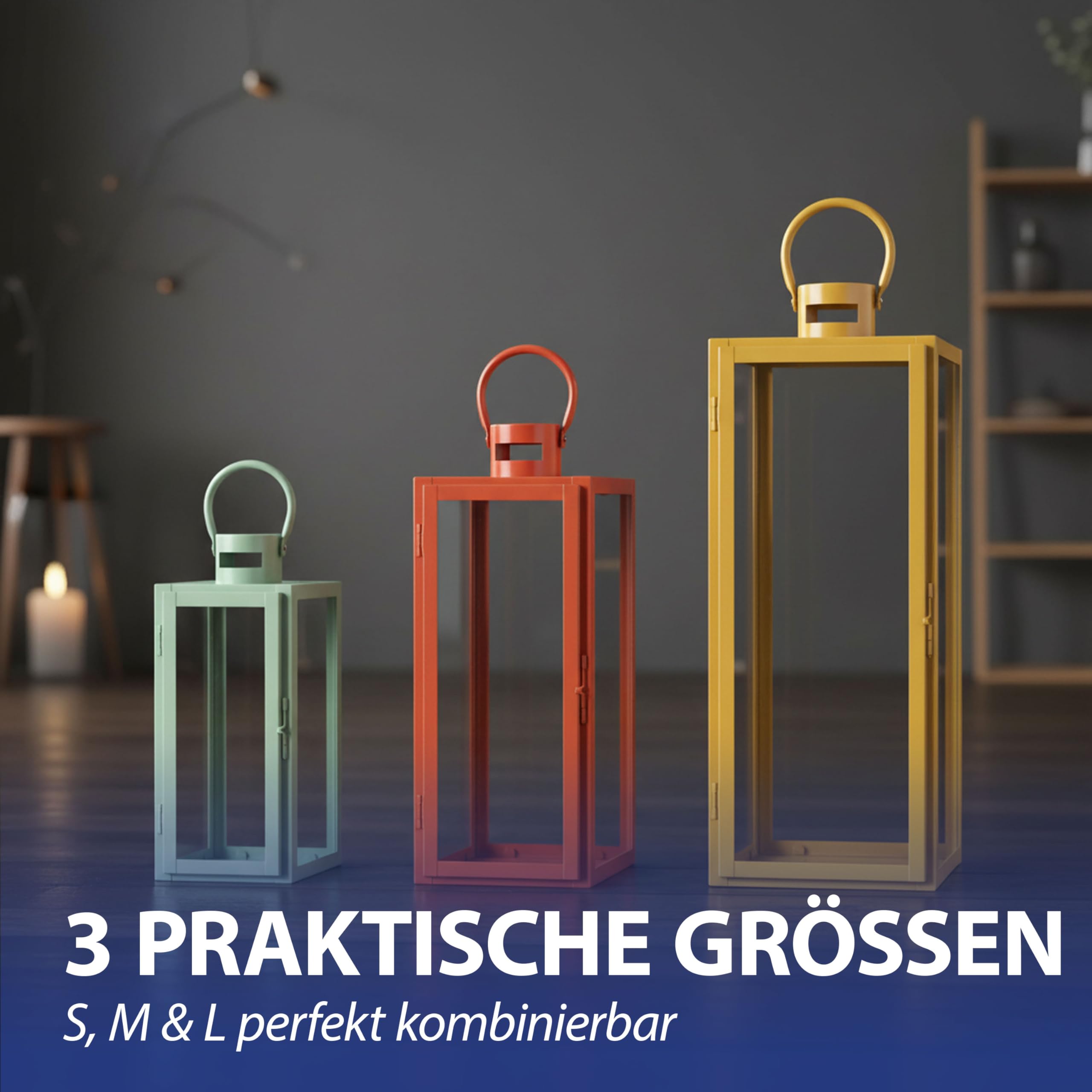 Laterne 3er Set | grün orange gelb 3 Größen Metall Glas | Windlicht mit Henkel für Kerzen oder LED Gartenlaterne | Kerzenhalter