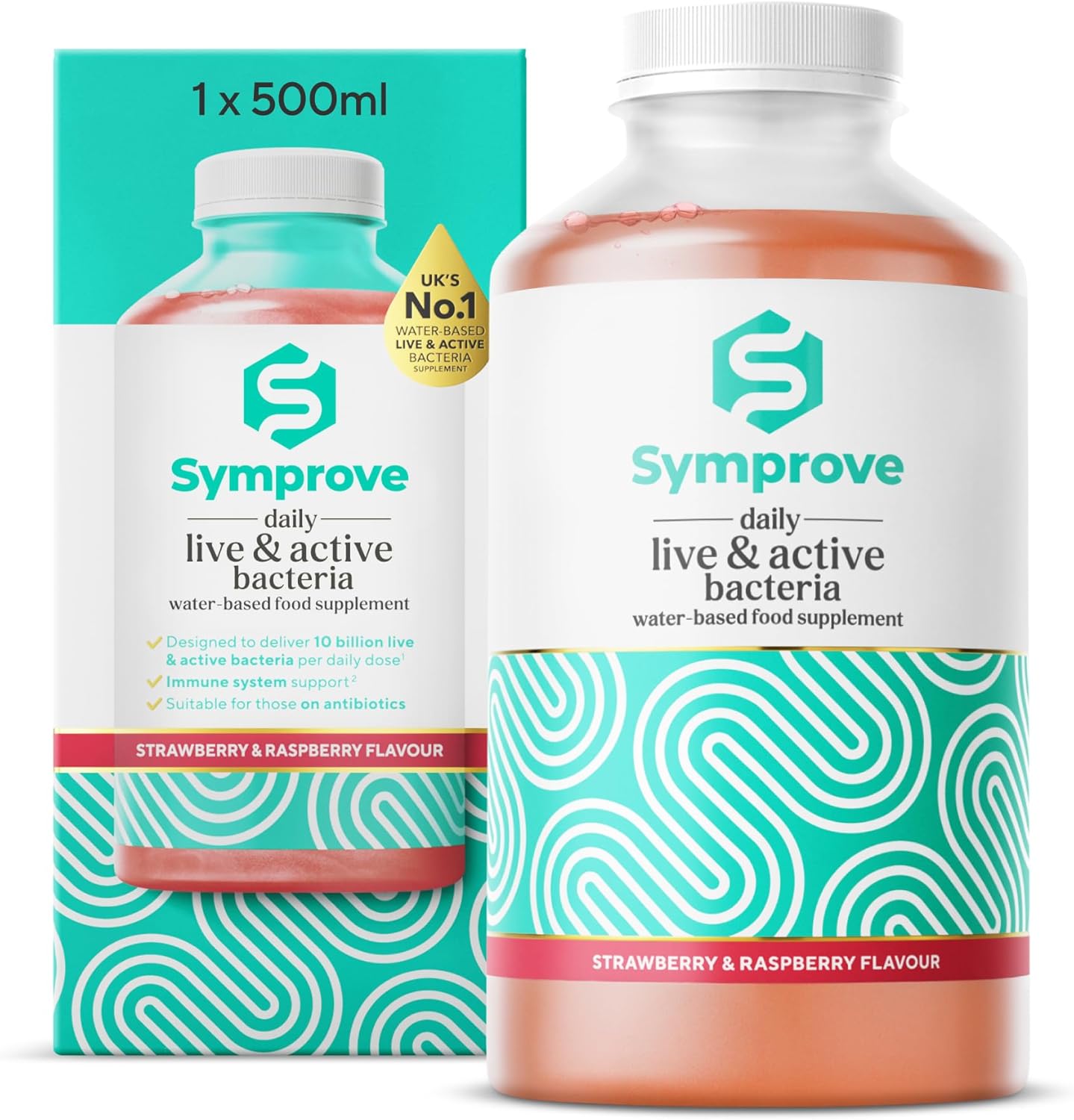 Symprove Probiotic, Strawberry & Raspberry Flavour, Fermented to a Level of at Least 10 Billion CFUs per 70ml Shot, Water-Based, Dairy & Gluten Free, Vegan (1 x 500ml)