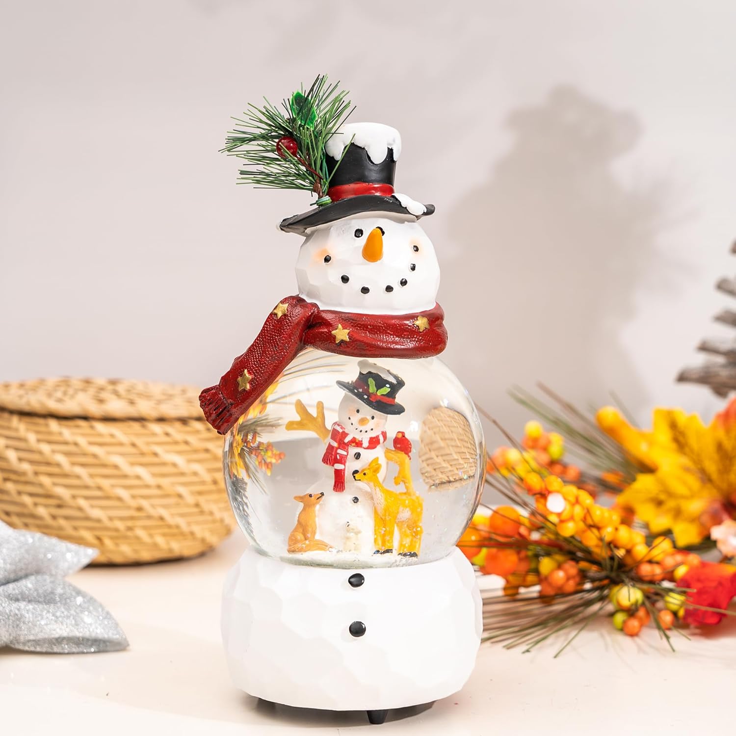Christmas Snow Globe with Music Box Gifts Water Globe with Snowman Glass Decoration Musical Crystal Ball, Snowman and Deer for Kids Home Christmas Decor