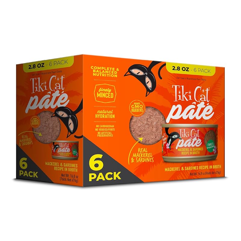 Ração úmida para gatos adultos Tiki Cat Grill Patê de Sardinha e Cavala, 79 g — Pacote com 6 latas