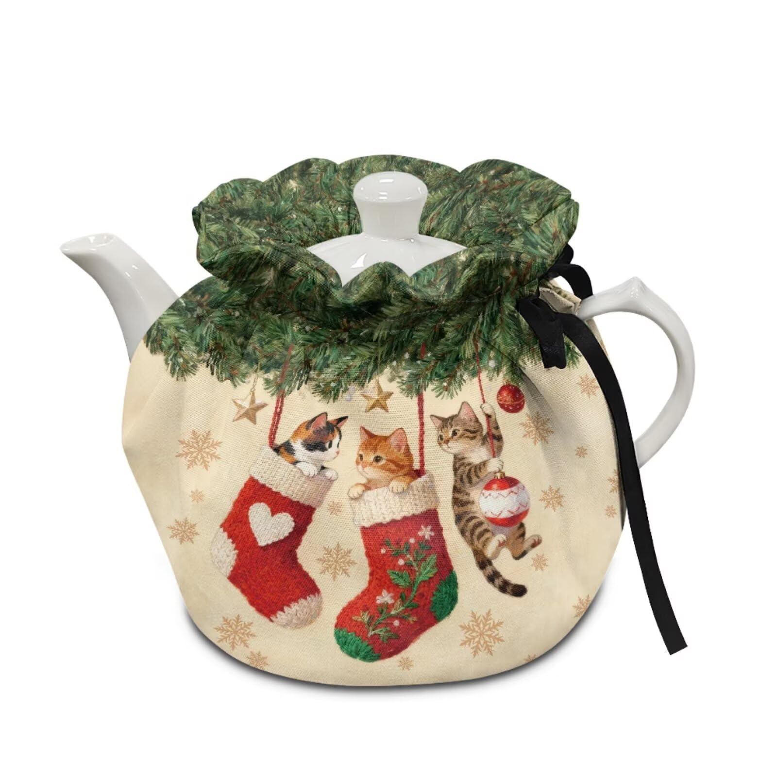Cute Cat Print Tea Pot Cosy Christmas Teapot Insulation Cover Drawstring Design Breakfast Warmer with Insulation Pad 6.1x6.1x6.9 Inch Tea Cozy for Teapot