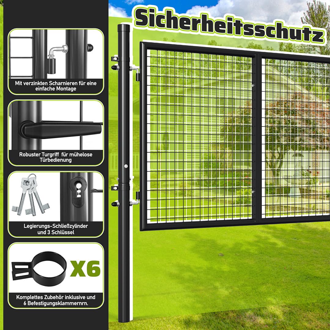 Gartentor, 350x100cm Gartentür aus verzinkter Stahl, Gartenzaun Zauntür mit Schloss, Griff und 3 Schlüsseln, Doppeltor, für Garten Tor Gartenpforte Hoftor, Anthrazit