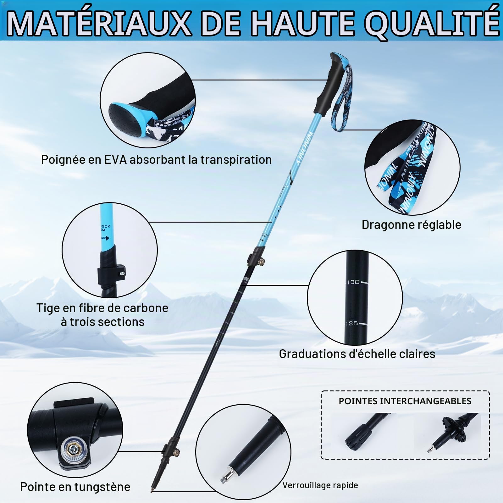 Ninonly Bâton de Marche Télescopique Carbone, Bâtons de Randonnée Nordique pour Hommes & Femmes, Ultralégers avec Poignée EVA et 3 Pointes, 150kg pour Trekking et Sports de Montagne