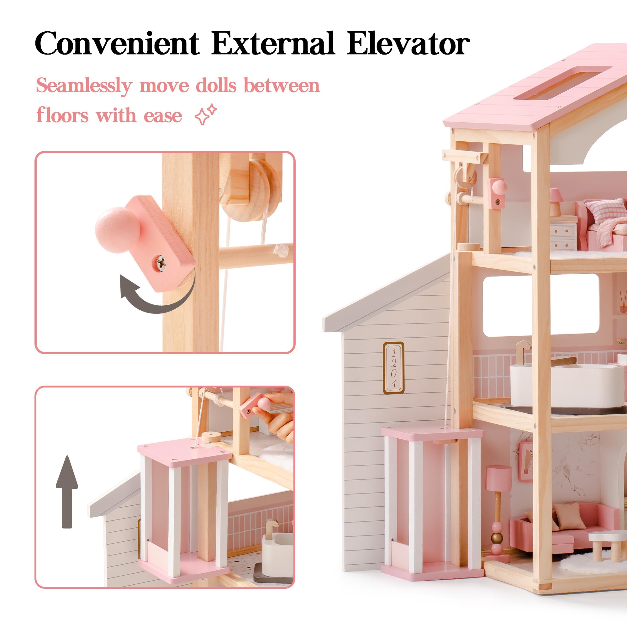 ROBUD Puppenhaus aus Holz,Puppen-Villa mit Möbel,Mit Aufzug, Garage, Pavillon und Schwimmbad,Geschenk für Kinder ab 3, 4, 5, 6 Jahren und älter,Rosa