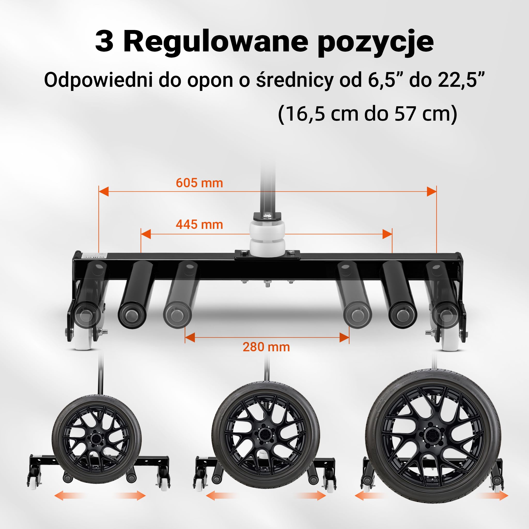 XPOtool Wózek do montażu kół do 250kg do opon 17-56,5cm (6,5-22,5") z podnośnikiem ze stali do warsztatu obsługa jednoosobowa