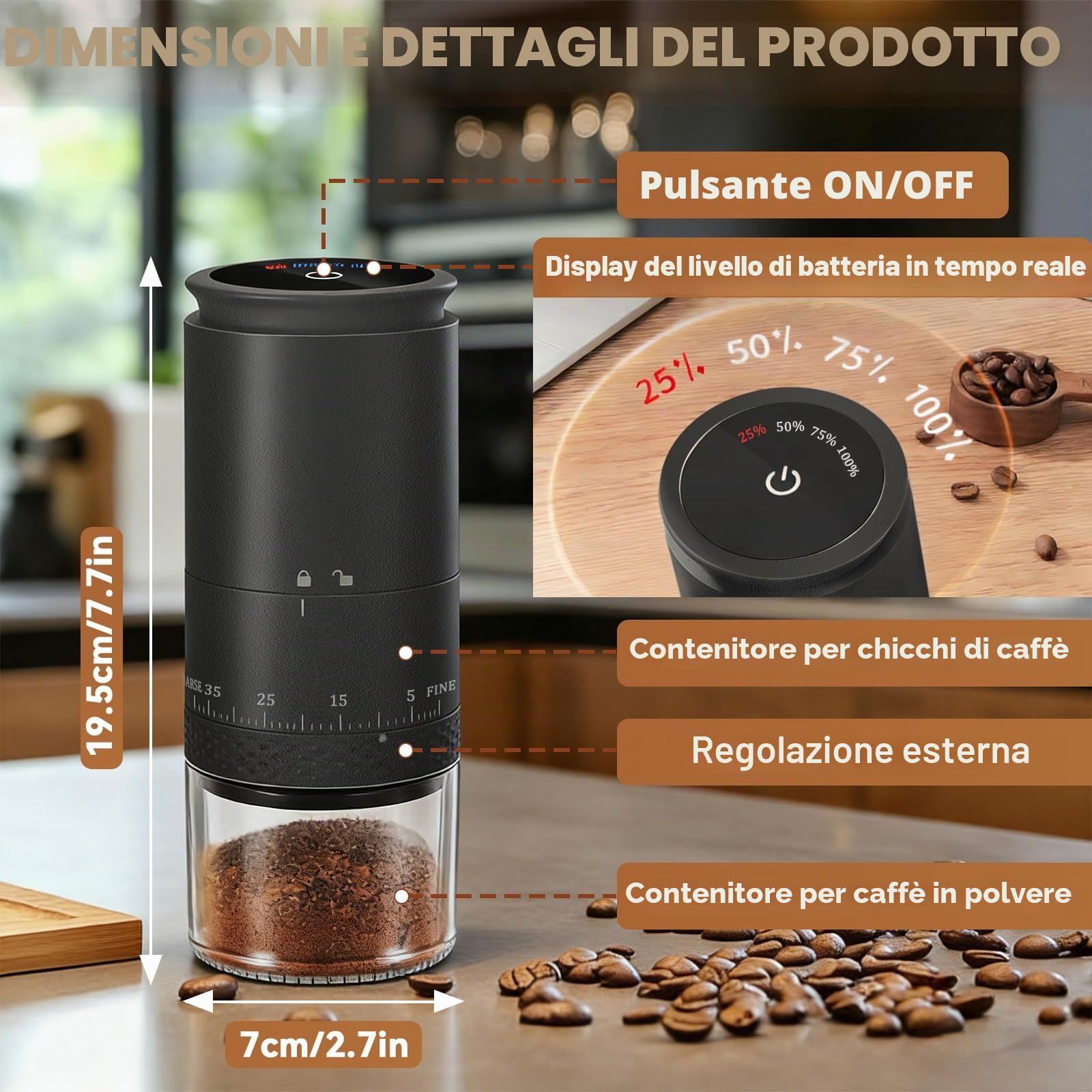 Macinacaffè Elettrico Portatile, Macinacaffè Conico In Ceramica, 38 Regolazioni della Macinatura e Display LED, 2000mAH Ricaricabile USB, Ideale per Casa, Ufficio, Campeggio e Viaggi (nero, L)