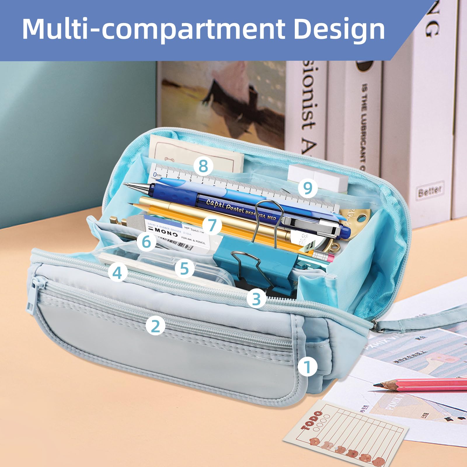 TPTGIAR Large Pencil Case for Girls Boys with 2 Note Pads Sky Blue Big Capacity Portable Pencil Case with Compartments Waterproof Home School Office Stationery Supplies Pencil Pouch - Image 4
