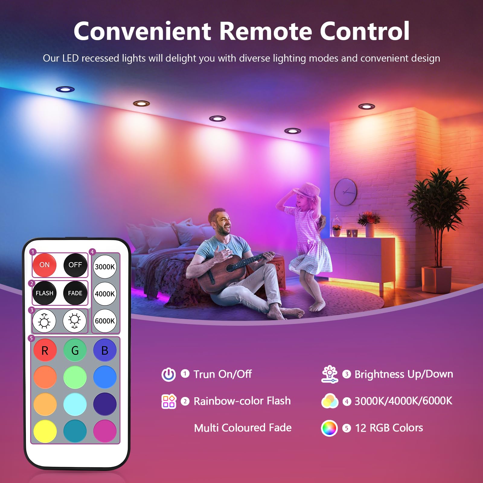 GeyouLux LED Einbaustrahler RGB Dimmbar,Aluminium, mit Fernbedienung, 6 St | 68-75mm Lochmaß, IP44 Wasserdicht, 5W 230V, 120°+45° Schwenkbar, Rostfrei, für Deckenmontage, Wohnzimmer, Schwarz