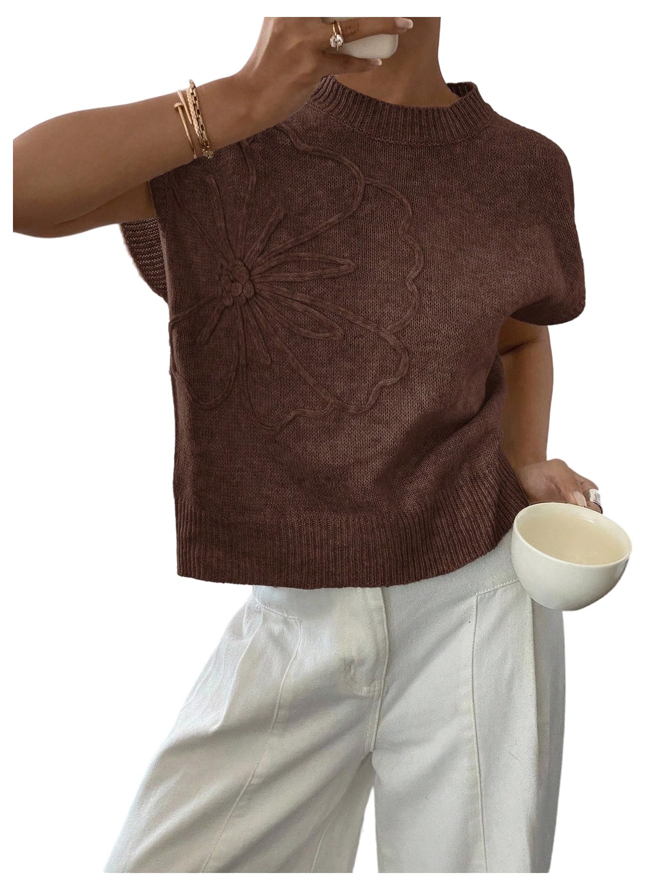 SOLY HUX Womens Short Sleeve Sweater 3D Floral Sweaters Pullover Tank Tops Knit Vest Trendy Fashion Clothing Maroon