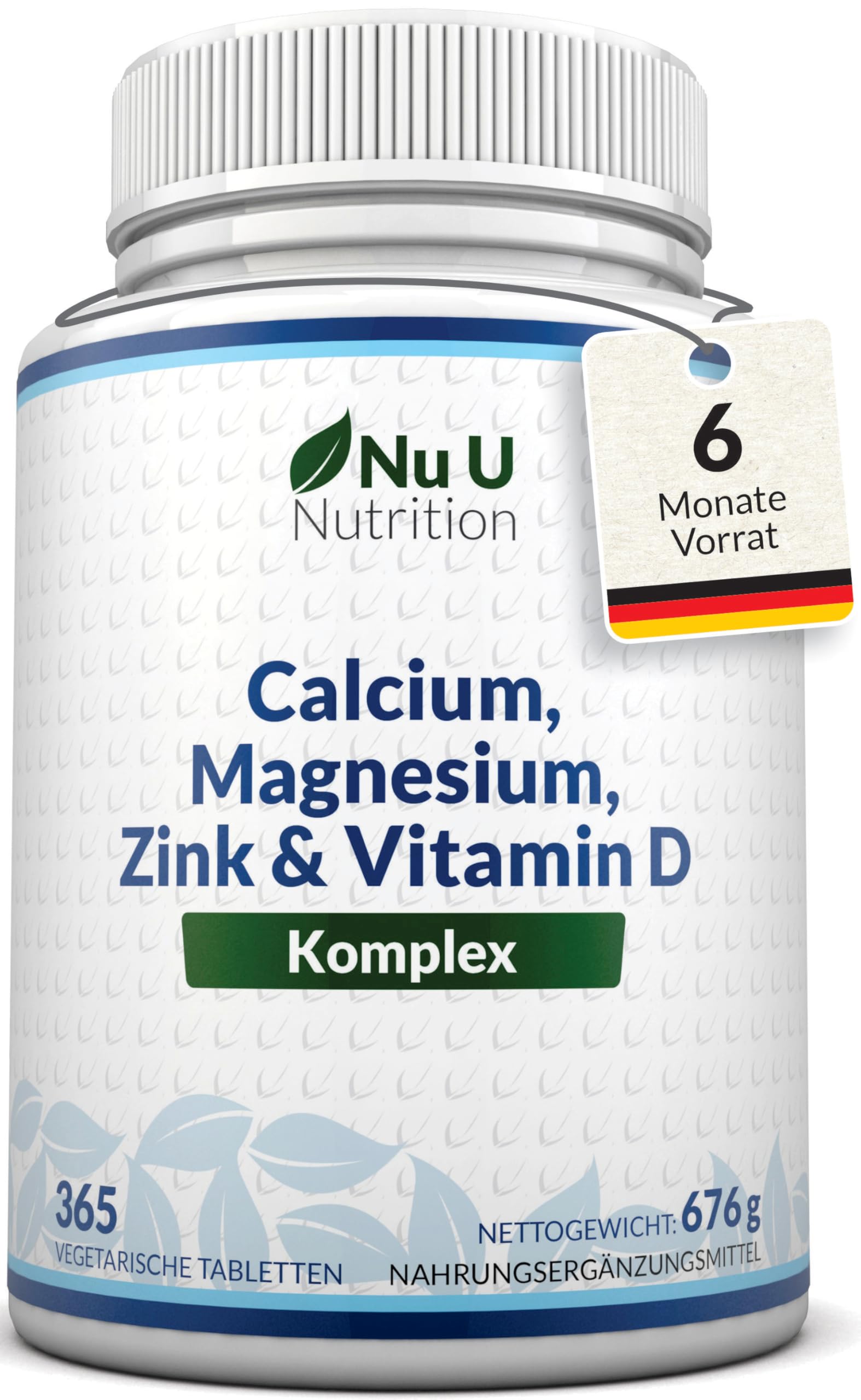 Calcium Magnesium Zink Hochdosiert - 365 Vegetarische Tabletten - 6 Monate - Kalzium Complex mit Vitamin D, Selen, Mangan, Bor & Kupfer - 800mg Calciumcarbonat pro Tagesdosis - Nu U Nutrition