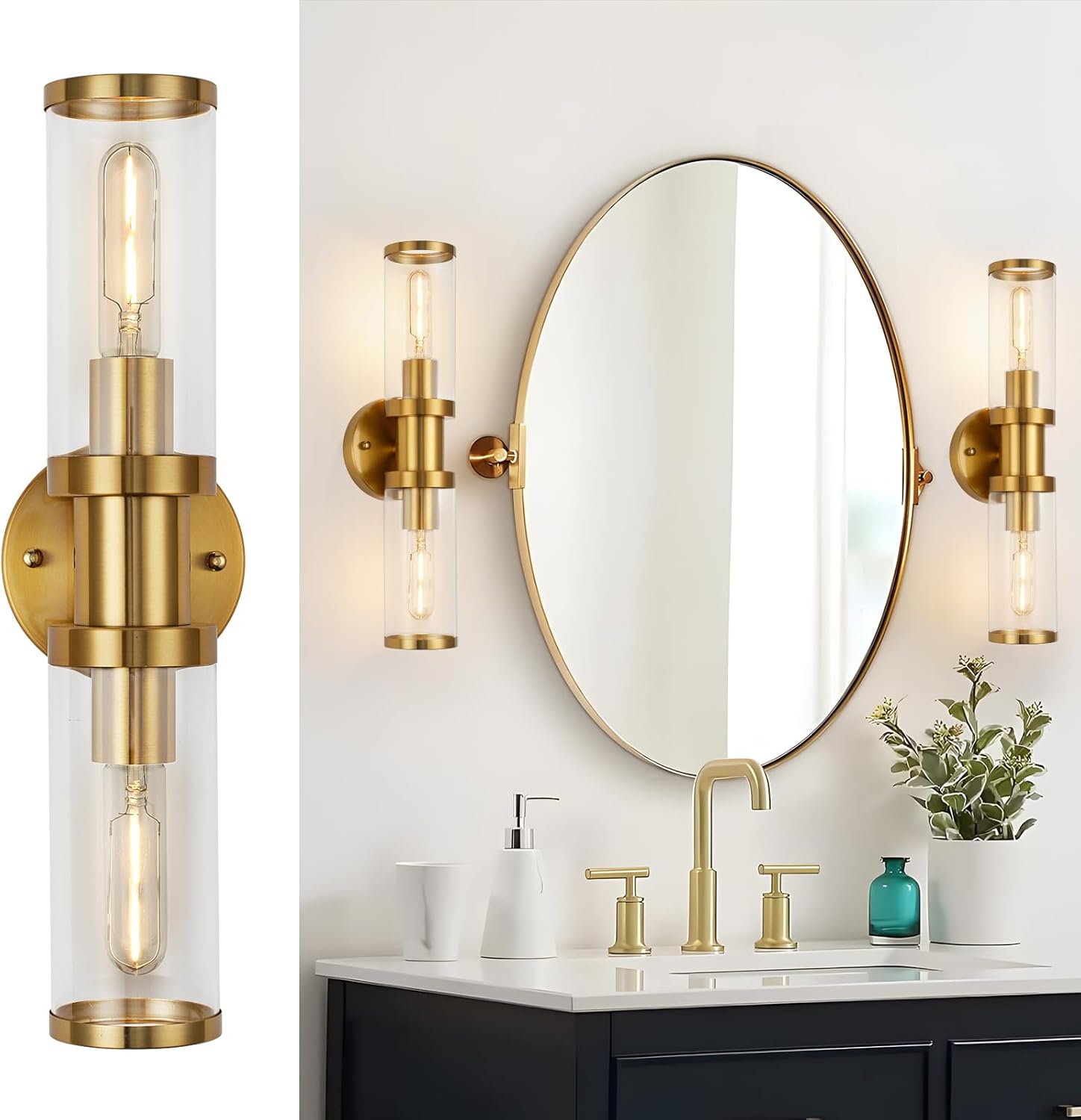 17.5 inch Gold Wall Sconces, Modern Wall Sconces Lighting with Clear Glass Shade, 2-Light Gold Vanity Light Wall Lamp for Mirror Bathroom Kitchen Living Room