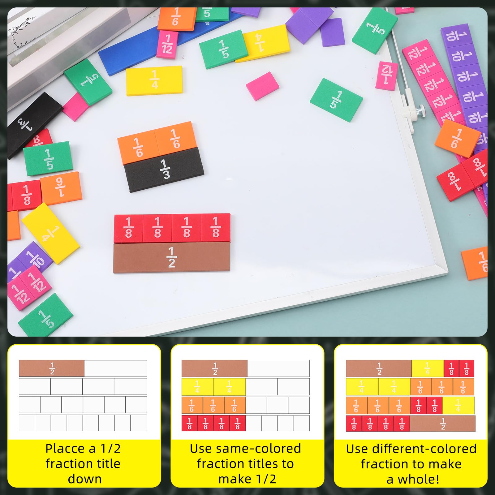 Sayglossy 15 Sets Bruchsteine, Bruch-Manipulative für Vorschule, Grundschule, pädagogisches Mathematik-Lernen, Manipulative für Lehrer, Großpackung mit Aufbewahrungsbox