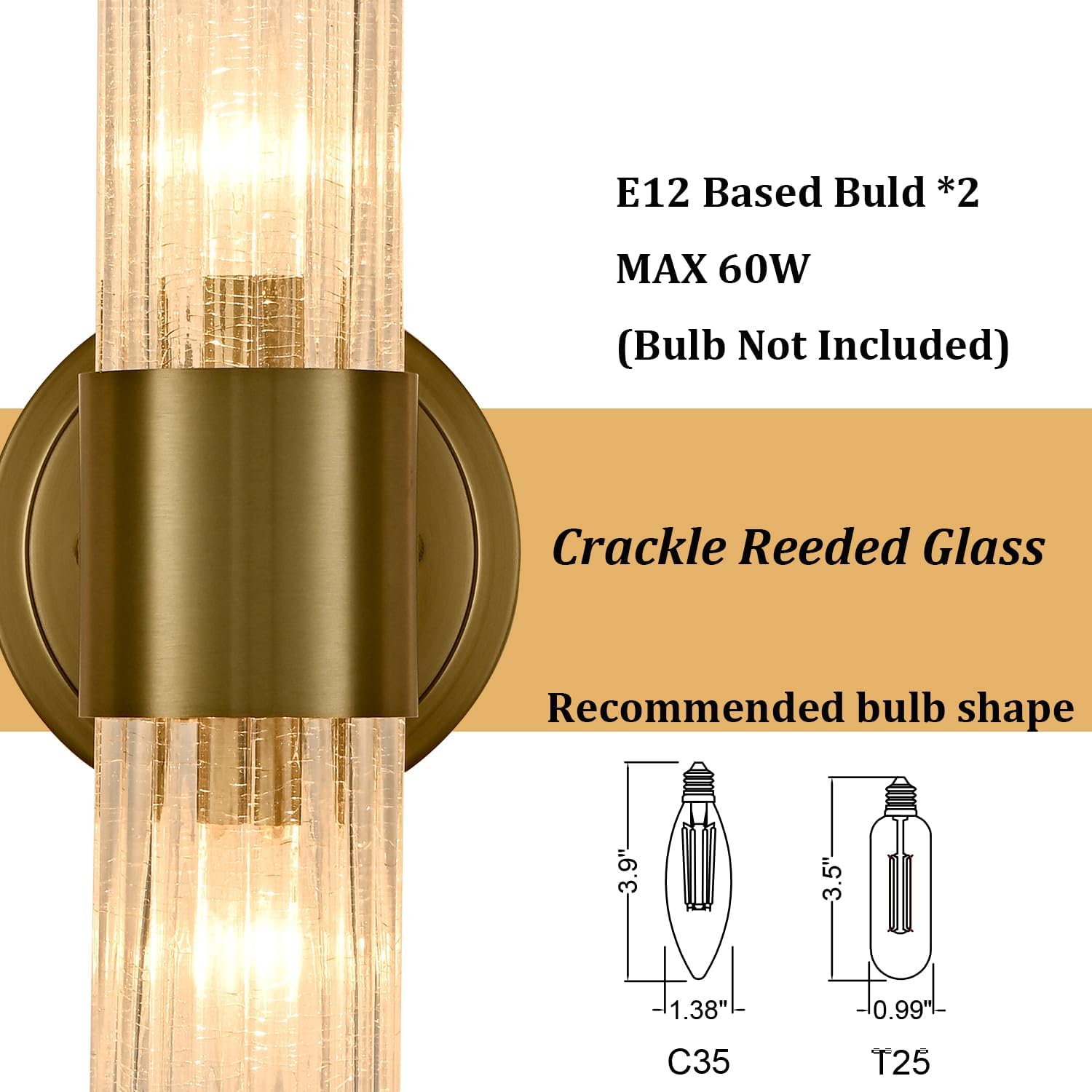 DEYNITE Modern Wall Sconce with Crackle Reeded Glass Shade, Modern Gold 2-Light Wall Light, Indoor Wall Lighting for Bedroom Bathroom Hallway Vanity