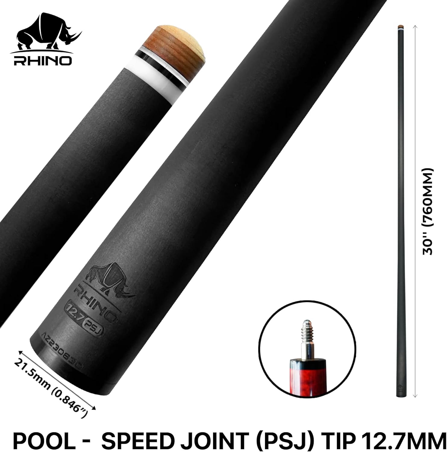 RHINO - 30" / Speed Joint (PSJ) Carbon Pool Cue Single Shaft, Tip 11.8mm,12.2mm,12.4mm,12.5mm,12.6mm,12.7mm,12.8mm,12.9mm,10.5mm Low Deflection Technology, Ultra-Smooth, pro Taper