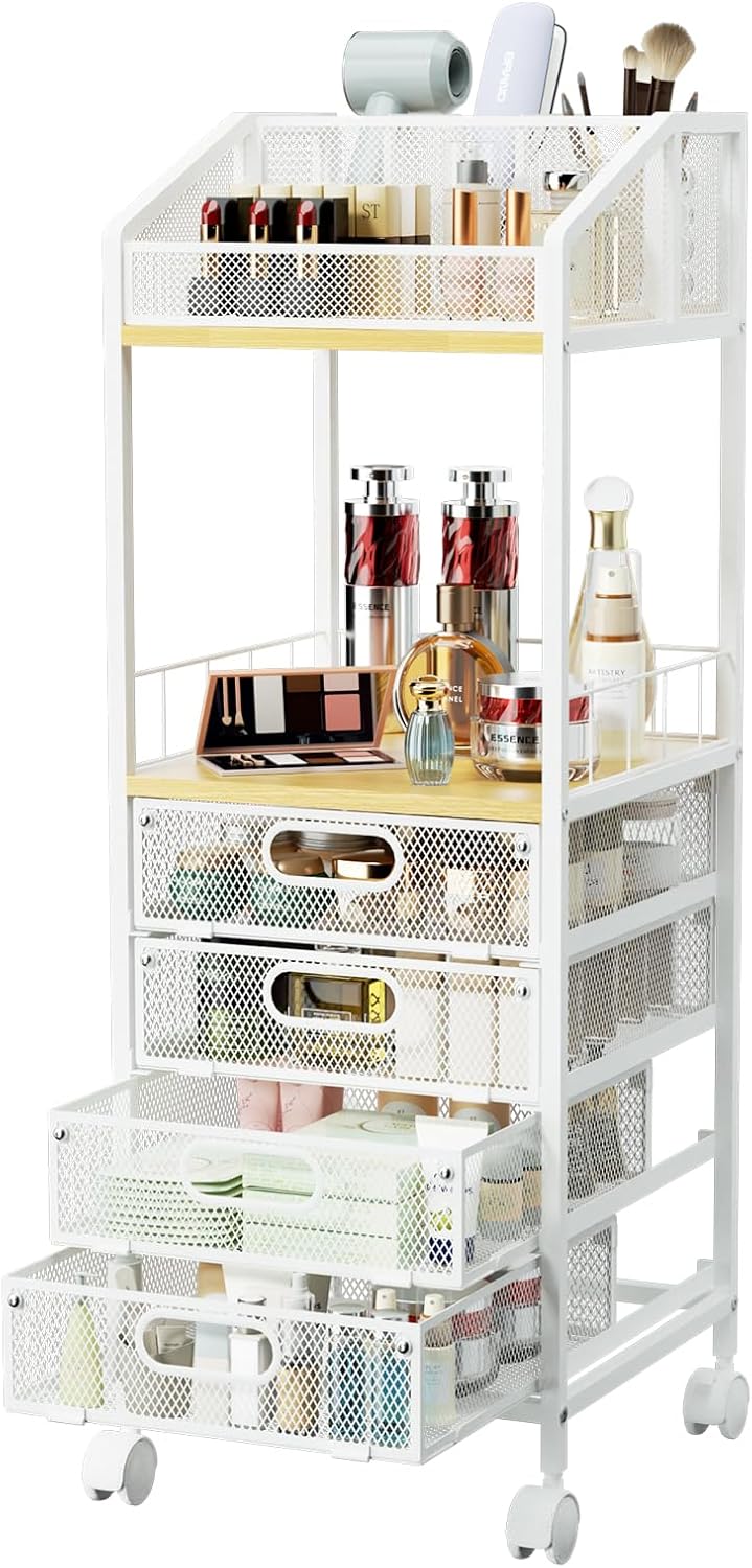 HapiRm Makeup Organizer Storage Cart - Floor Skincare Make Up Storage with 4 Drawers, Rolling Makeup Cart Vanity Organizer Cosmetics Display Cases Holder for Skin Care Perfume Nail Polish Natural