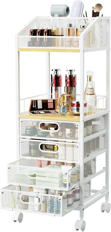 HapiRm Rolling Cart Makeup Organizer - Metal Makeup Cart with Wheels and Drawers for Small Spaces & Messy Vanities, Space-Saving Beauty Cosmetics Cart Storage Cabinet Stand for Perfume Hair Tools