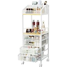 HapiRm Rolling Cart Makeup Organizer - Metal Makeup Cart with Wheels and Drawers for Small Spaces &amp; Messy Vanities, Space-Saving Beauty Cosmetics Cart Storage Cabinet Stand for Perfume Hair Tools