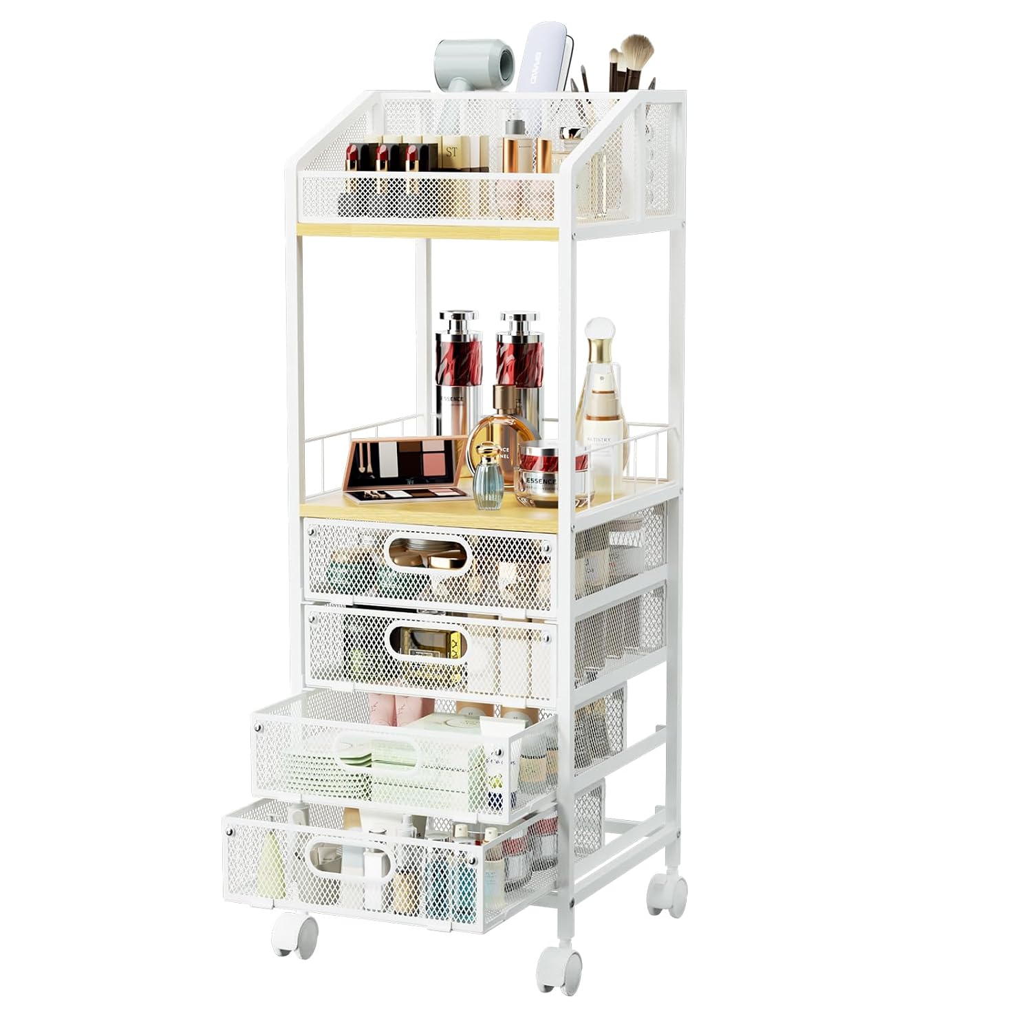 FAHKNS Makeup Organizer Storage Cart, Rolling Floor Skincare Organizer with 2 Drawers, Makeup Vanity Organizer Cosmetics Display Cases Holder for Skin Care, Perfume, Makeup Brush, Nail Polish, Hair Tools