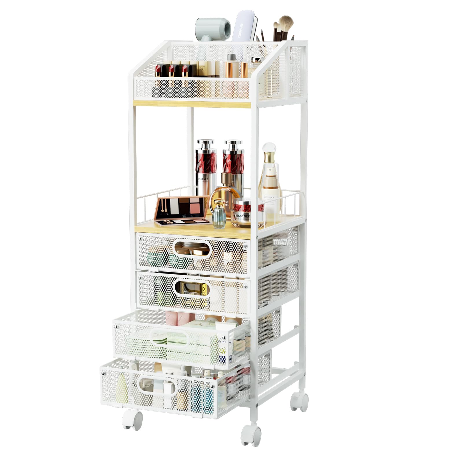 HapiRm Makeup Organizer Storage Cart - Floor Skincare Make Up Storage with 4 Drawers, Rolling Makeup Cart Vanity Organizer Cosmetics Display Cases Holder for Skin Care Perfume Nail Polish