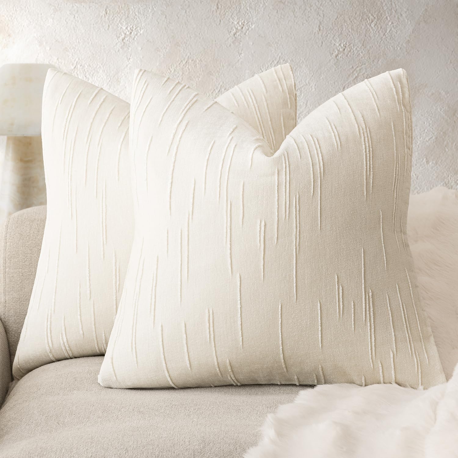 Foindtower Slubby Textured Chenille Throw Pillow Covers 18x18 Cream White