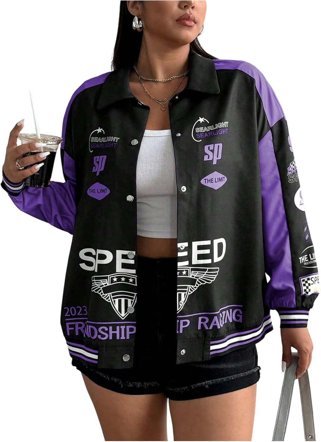 Floerns Women's Plus Size Long Sleeve Button Down Jacket Motorcycle Vintage Racer Jacket