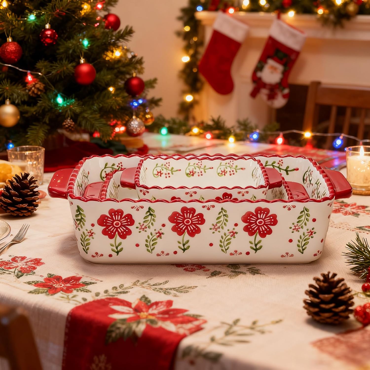 Coloch 3 Pack Ceramic Baking Dishes, Rectangular Bakeware Set Hand-painted Lasagna Pan Porcelain Serving Bakeware for Pasta, Chicken, Kitchen, Banquet, Microwave and Dishwasher Safe