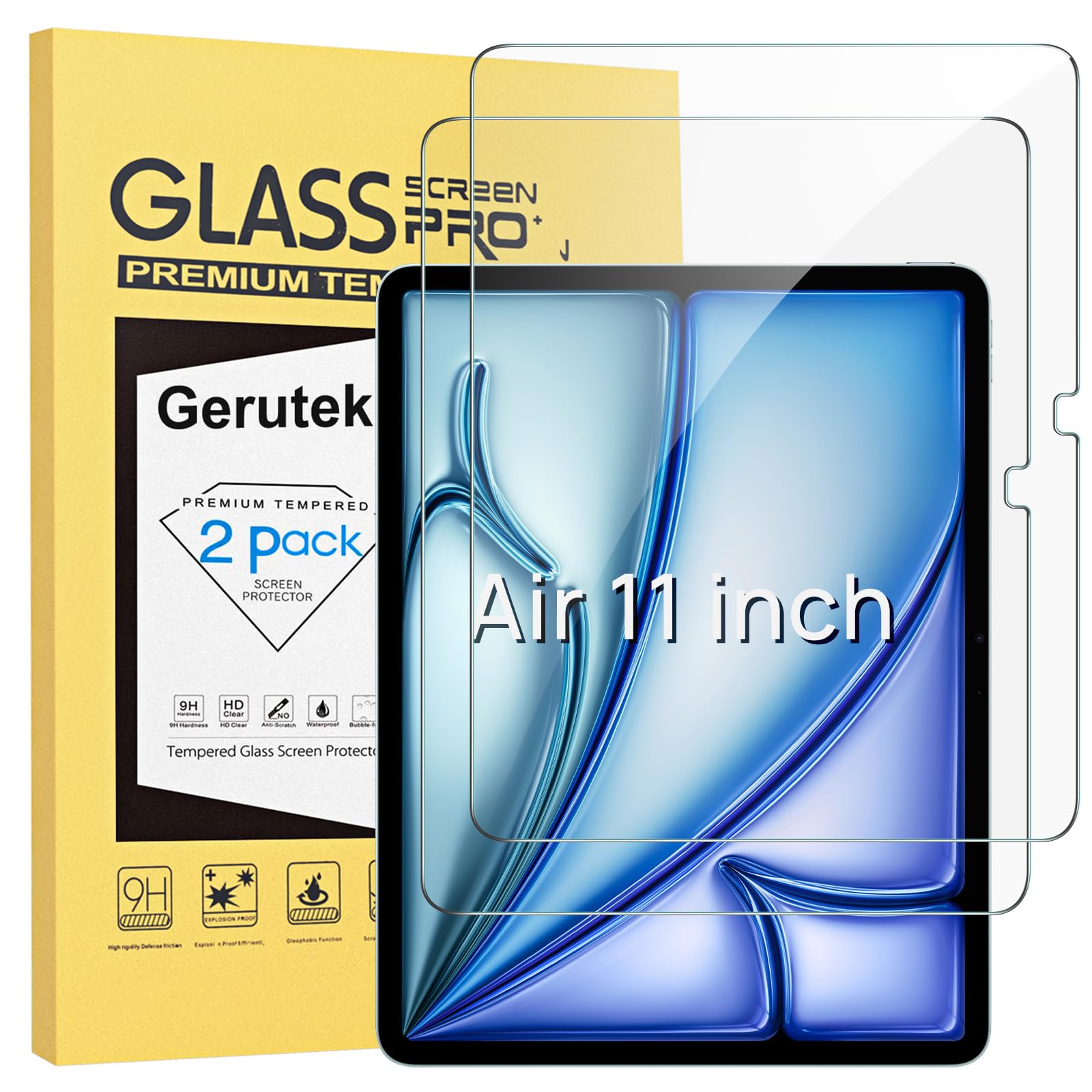 Gerutek Ochraniacz ekranu do iPada Air 27.9 cm M4/M3/M2 (2026/2025/2024), szkło hartowane 9H, ultra przezroczyste, odporne na zarysowania, bez pęcherzyków powietrza, kompatybilny z iPadem Air 27.9 cm