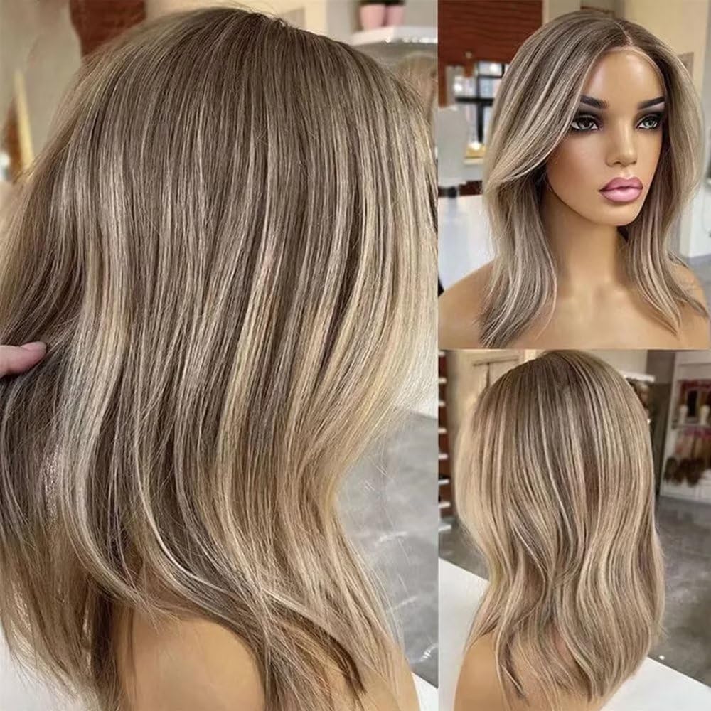 Light Ash Blonde Invisible Lace Wig Short Bob White Blonde Highlights Humain Hair HD 13X4 Lace Frontal Wig Human Hair Ombre Blonde Highlights Colored Bob Straight Brazilian Glueless Lace Wig