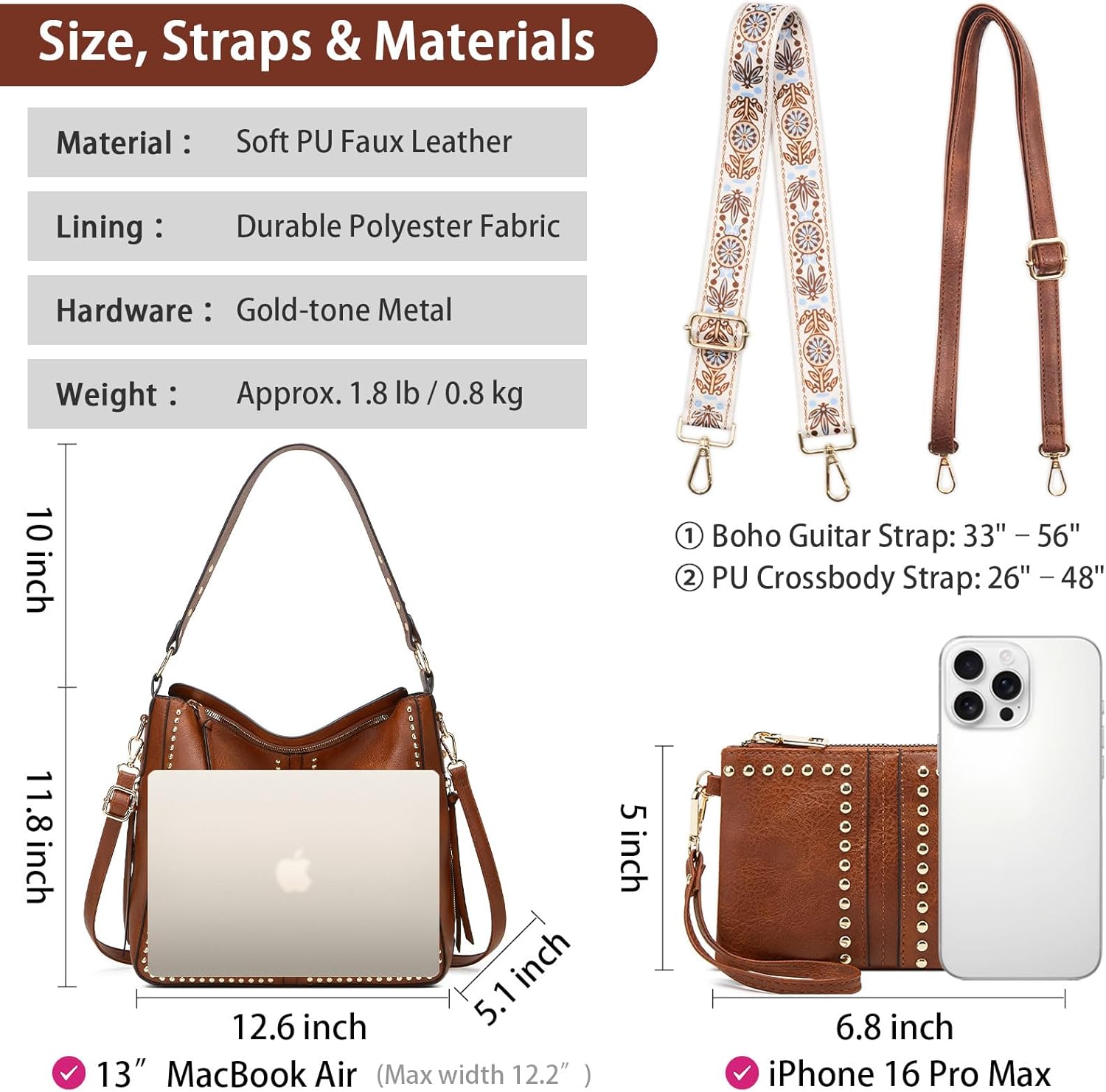 Roomy Hobo Tote Bag for Women, Studded Shoulder Handbag, 2-Piece Set with wallet, Crossbody Purse with Wide Boho Guitar Strap - Image 4