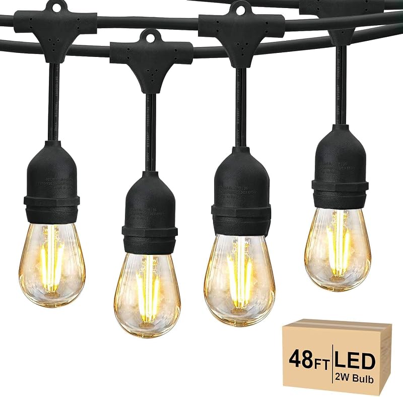 48 FT Outdoor String Lights 2W Commercial Grade Waterproof S14 ETL | Outside Patio Light with Shatterproof Antique Edison E26 LED Bulbs, Connectable Hanging Strand for Bistro Cafe Market 2700K
