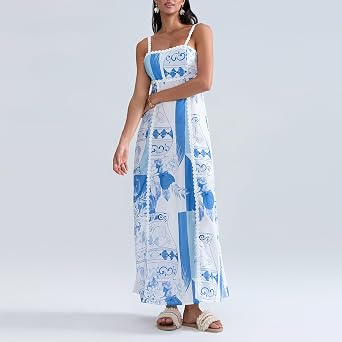 Women Graffiti Maxi Dress Square Neck Spaghetti Strap Print Summer Beach Sundress Boho Dress
