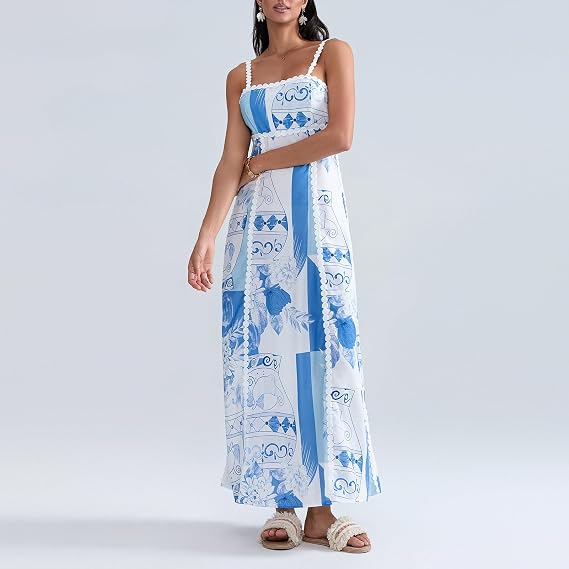 Women Graffiti Maxi Dress Square Neck Spaghetti Strap Print Summer Beach Sundress Boho Dress