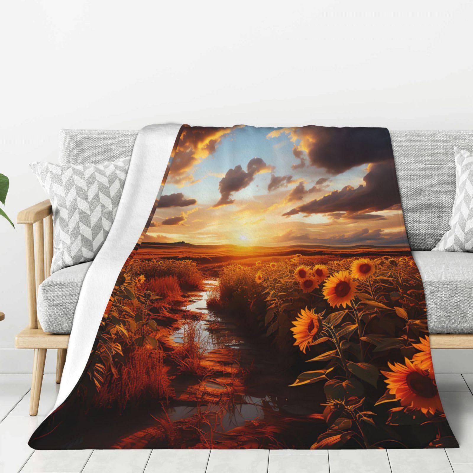 Sunset Over Sunflower Field Throw Blanket Plush Flannel Fleece Blanket, Soft Lightweight Cozy Blankets 40"X30" for Bed Couch Sofa Travel