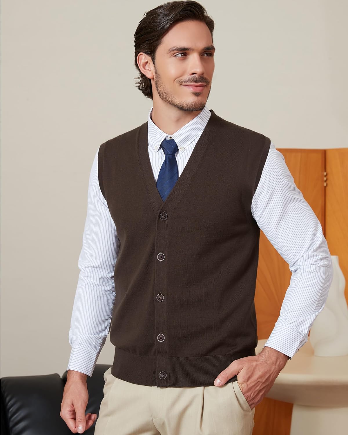 Kallspin Men’s Button Down Sweater Vest Lightweight Knitted Pure Cotton V-Neck Sleeveless Cardigans - Image 4