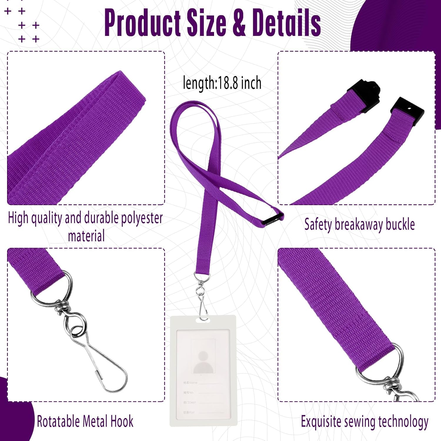 Patelai 120 Pcs Breakaway Lanyards with J Hook Bulk Flat for ID Badges Neck Badge Lanyards Card Nametag Holder Neck Straps (Purple)