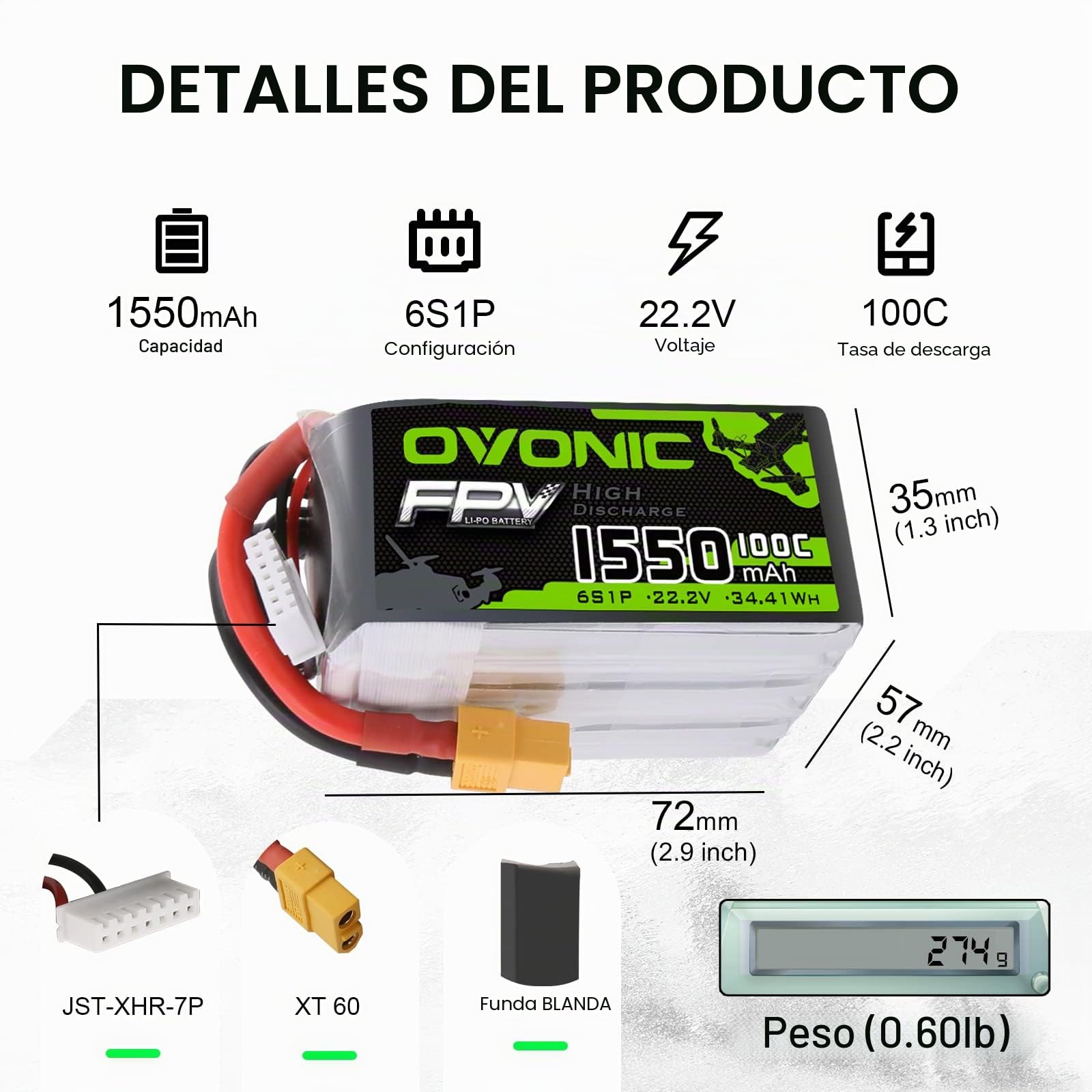 OVONIC 14.8V 1550mAh 100C 6S LiPo batería con Conector XT60 para FPV Racing RC Quadcopter Helicopter Airplane Multi-Motor Hobby DIY Partes.
