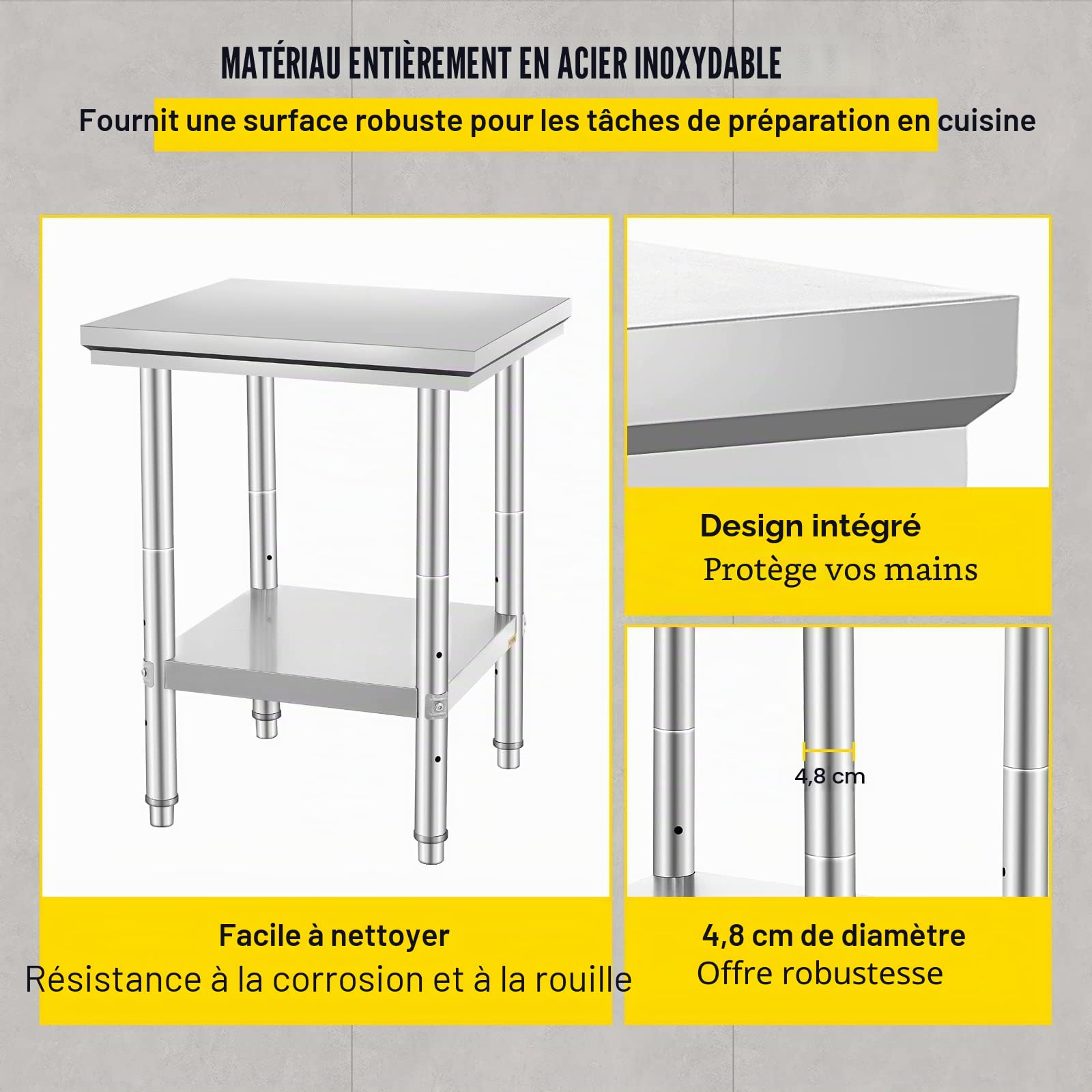 VEVOR Table de travail en acier inoxydable 60 cm x 60 cm pour la préparation des repas, la couture, le lavage, l'artisanat, l'utilisation du garage, etc.