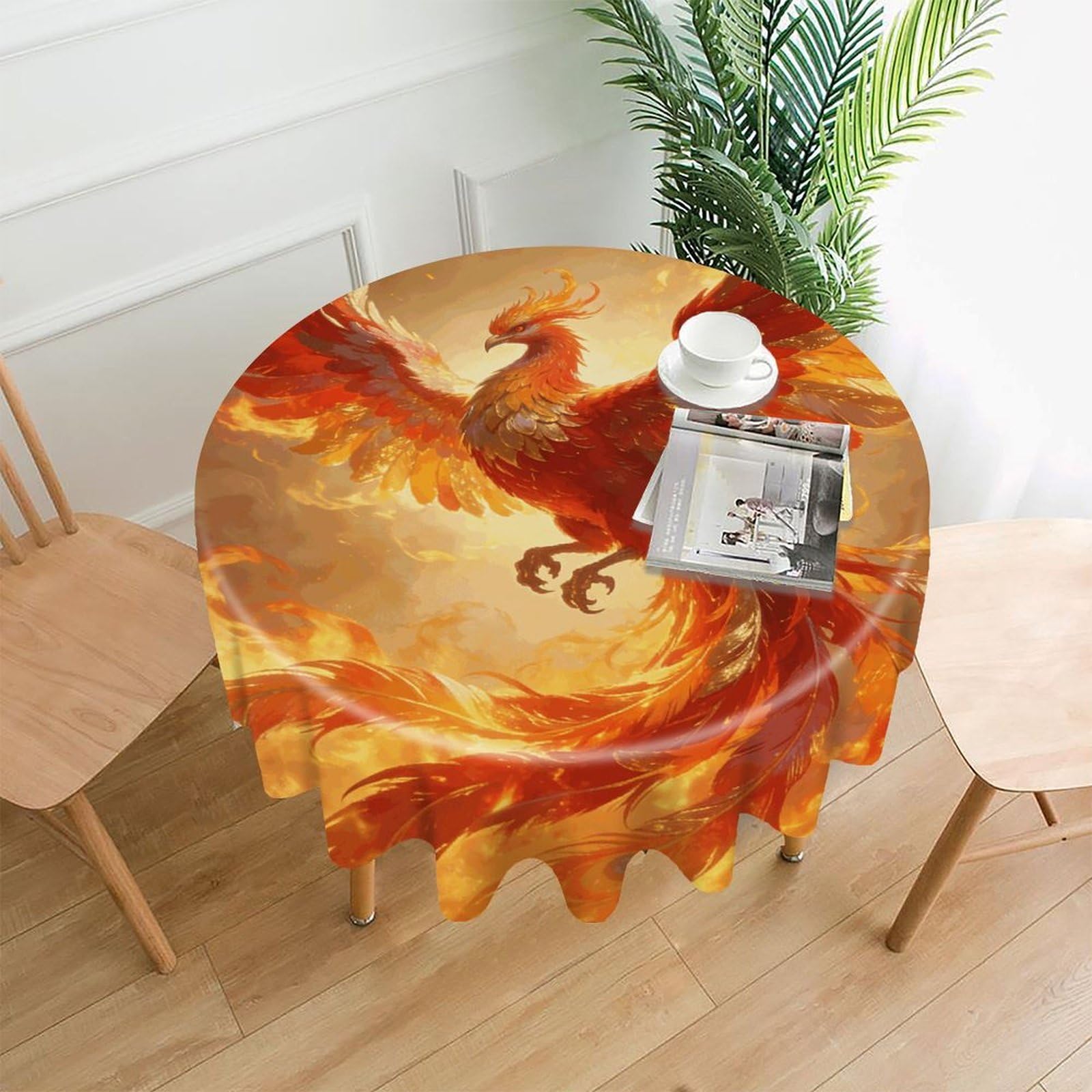 LZQPOEAS Phoenix Tablecloth Easy to Clean Polyester Round Table Cover Washable Round Table Cloth Wrinkle-Free Circle Decoration Tablecloth for Kitchen and Dining Room 60"