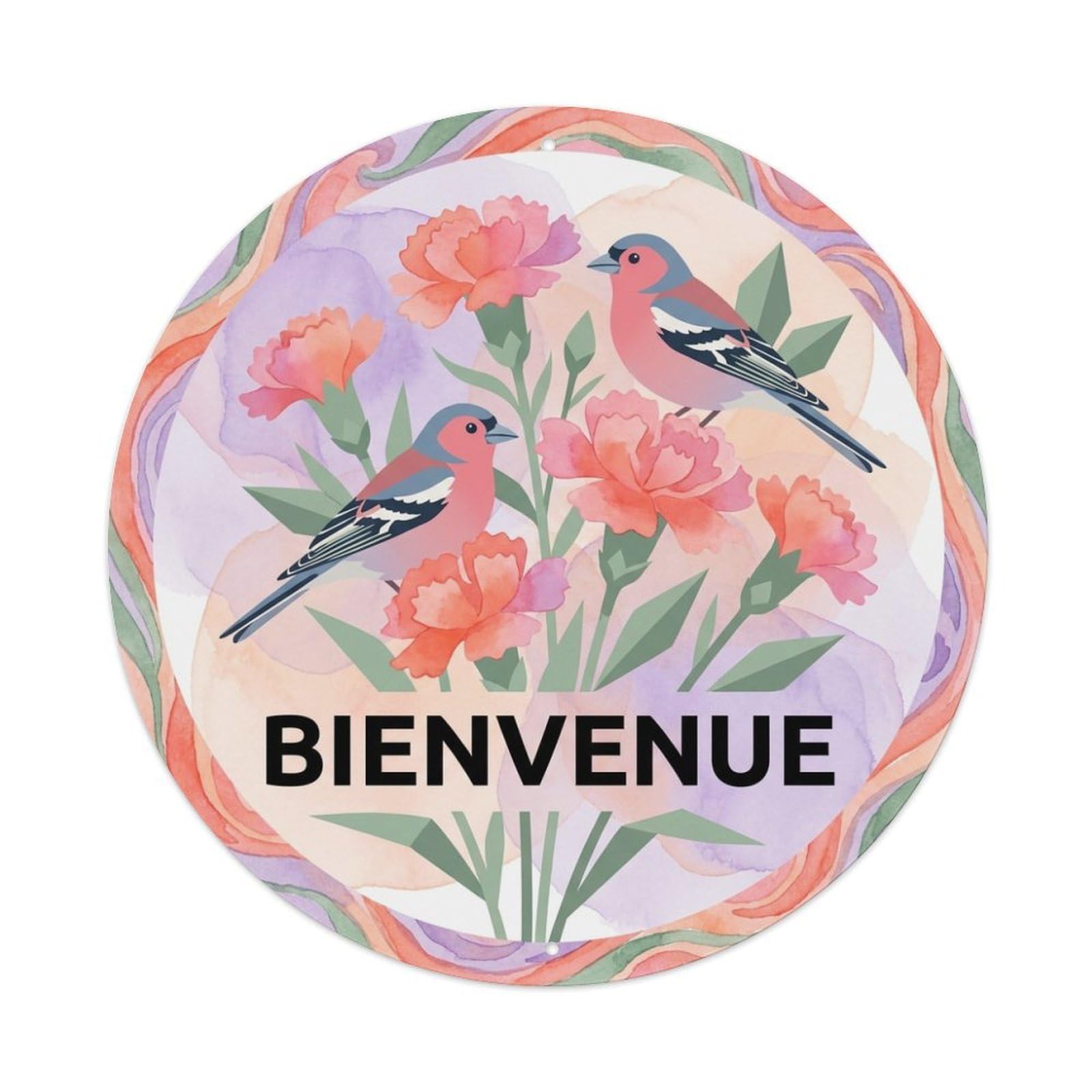 Carnation Bienvenue Watercolor Bird Slogan Metal Tin Sign