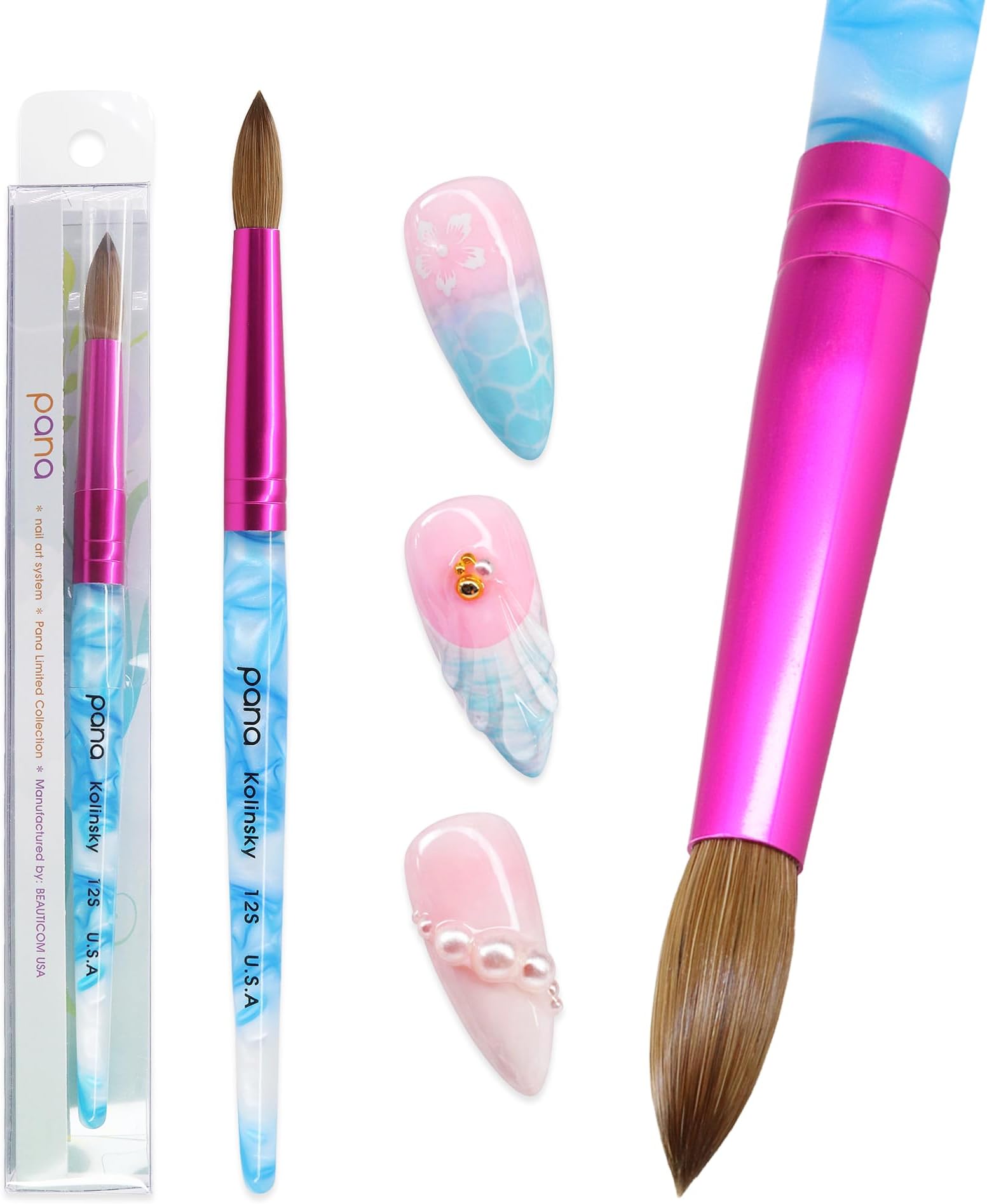 PANA USA Acrylic Nail Brush Pure Kolinsky Hair Acrylic White Swirl Blue Handle with Pink Ferrule Round Shaped - Size 12