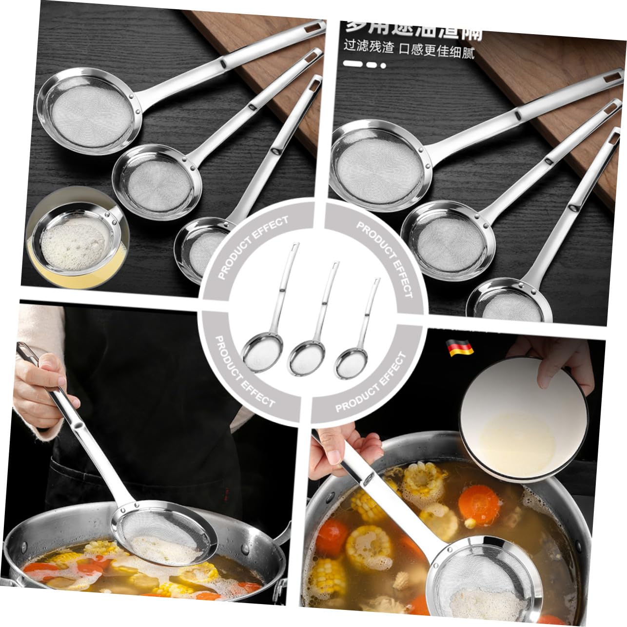 Hohopeti 3 Piezas Colador de Malla de Acero Inoxidable de Grande Mediano Pequeño para Colar Aceite y Jugos Utensilio de Cocina Resistente al Calor con Mango Ergonómico para Colgar