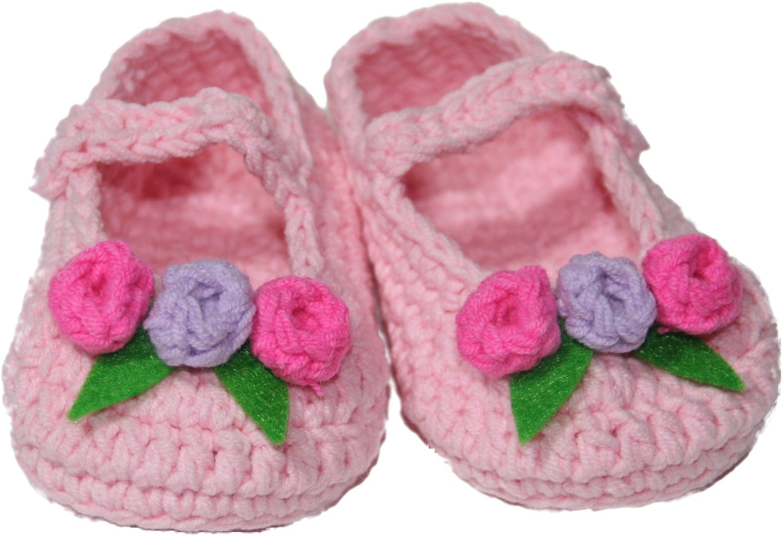 Handmade Crochet Baby Mary Jane Booties / Shoes (6-9M, Baby Pink / Hot Pink & Lavender Flowers)