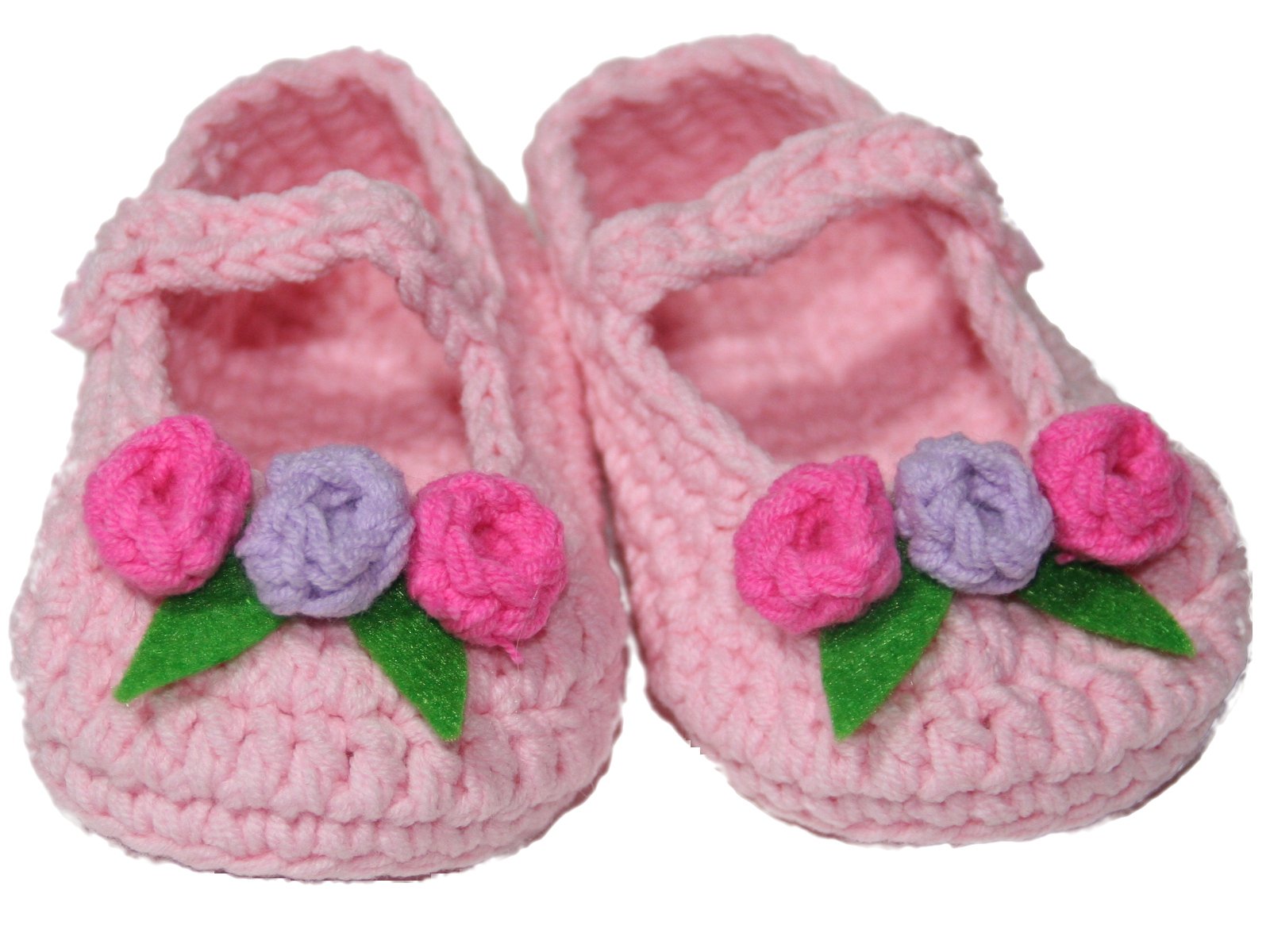 Handmade Crochet Baby Mary Jane Booties / Shoes (6-9M, Baby Pink / Hot Pink & Lavender Flowers)