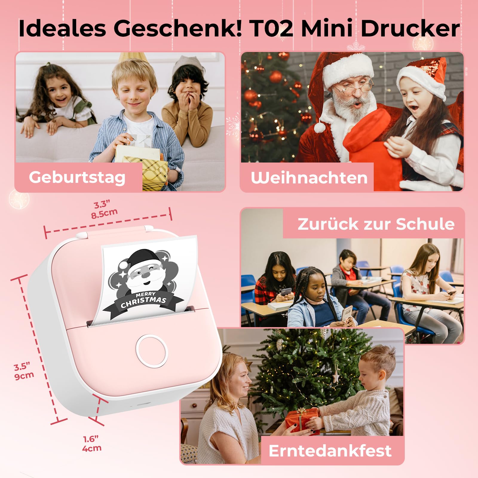 Mini Impresora Termica, T02 Mini Impresora Pegatinas para Movil y Tabletas, para Diarios, Pegatinas, Notas, Memorandos, Regalos, Compatible con iOS y Android, Rosado