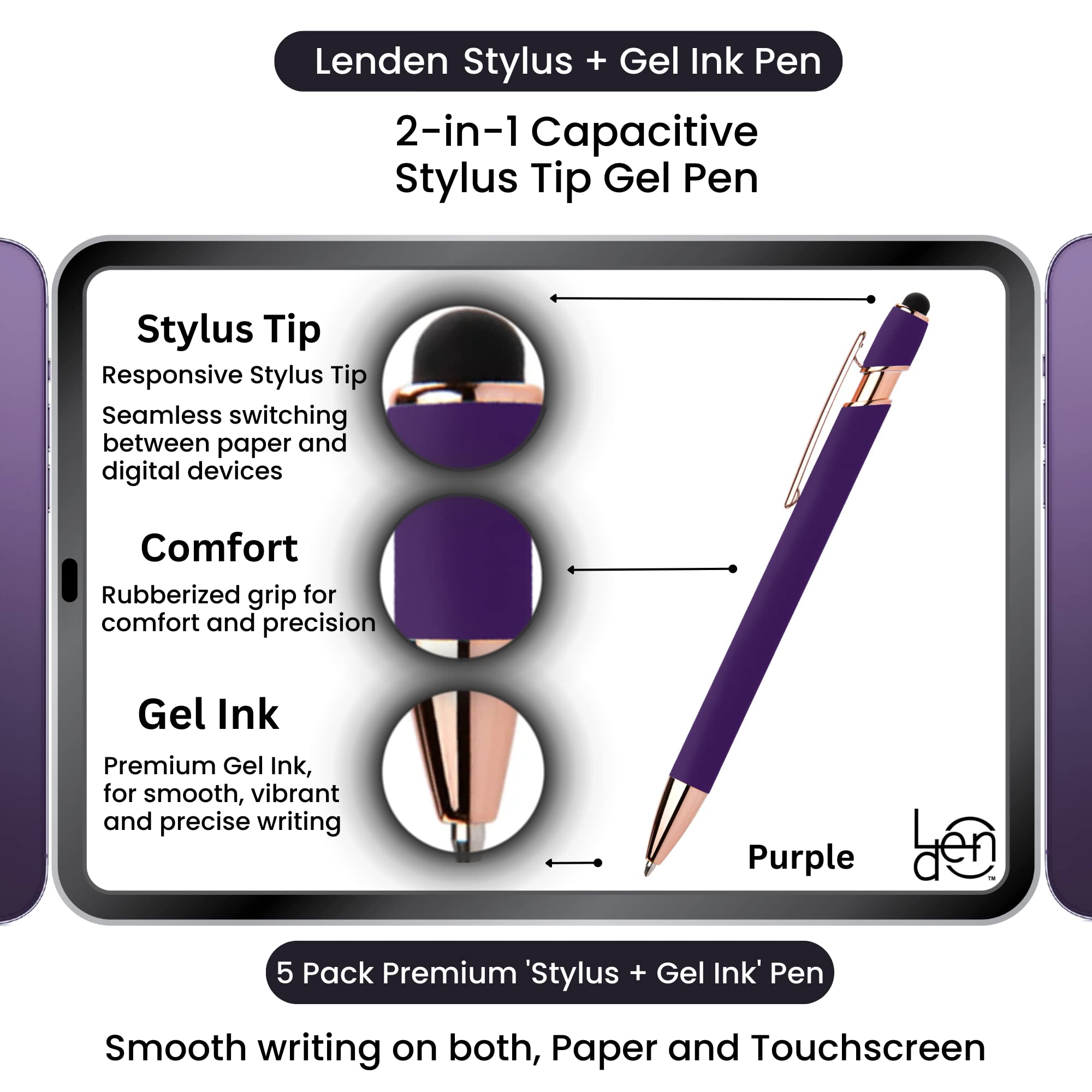 Lenden Paquete de 5 bolígrafos de tinta de gel 2 en 1 con punta capacitiva, punta media de metal premium, tinta negra, compatible con la mayoría de pantallas táctiles (morado)