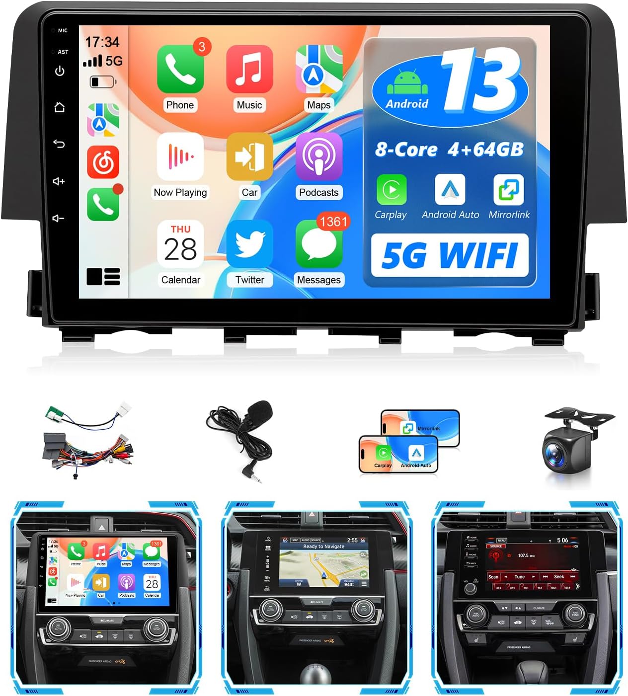 Android Radio Stereo for Honda Civic 2006 to 2021 Wireless CarPlay Android Auto MirrorLink GPS Navi BT Music Hands-Free FM RDS DSP AUX SWC Backup Camera (9IN, Honda Civic 16-21, 4GB+64GB)