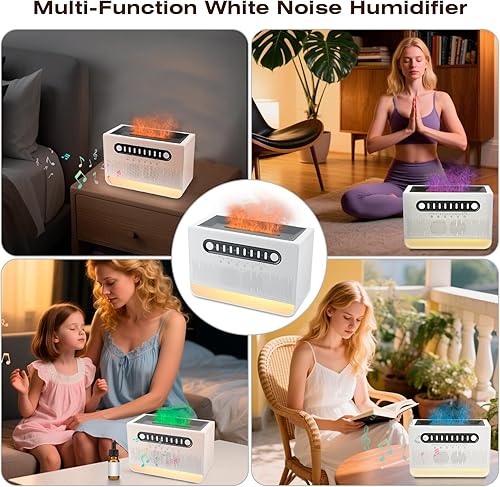Miniatura 7 de Humidificador con ruido blanco, máquina de sonido de lluvia con altavoz para dormir y yoga, difusor de llama colorida y luz nocturna