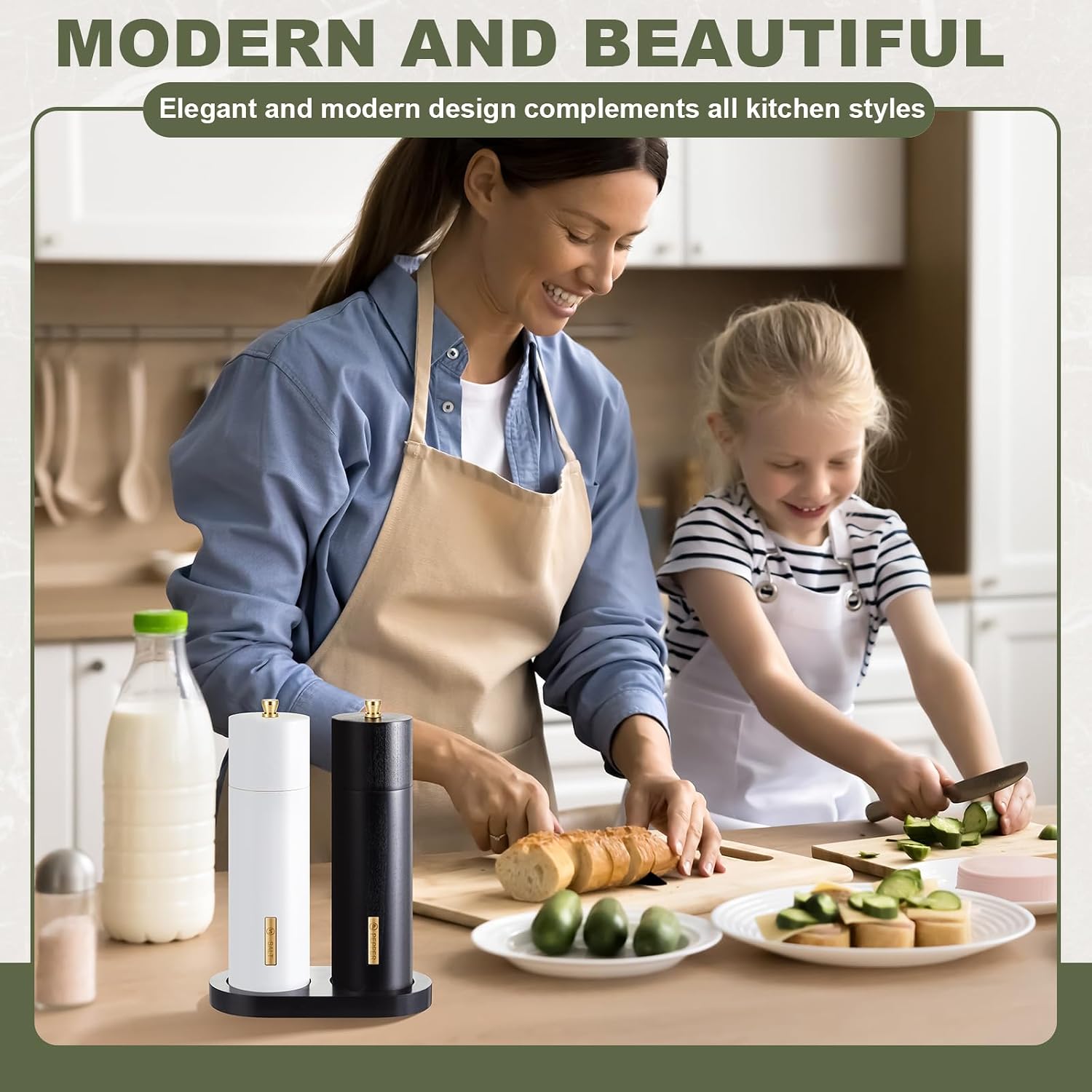 Wooden Salt and Pepper Mill Set with Tray,Black,White,8 Inch image 5