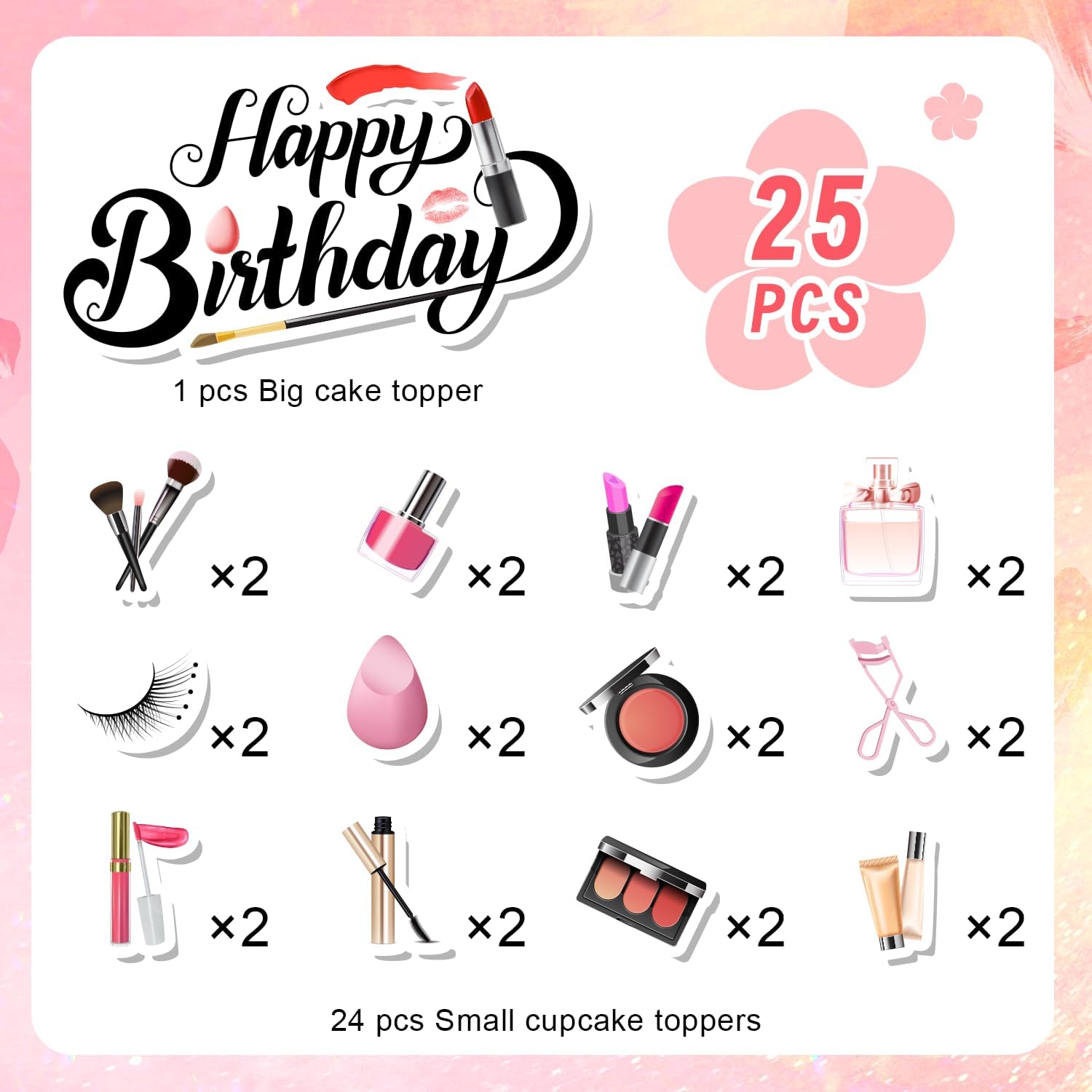 Makeup Cake Decorations, 24 Pcs Makeup Cupcake Toppers Makeup Party Cupcake Toppers 1 Pcs Makeup Theme Cake Toppers Makeup Cake Topper for Makeup Birthday Party Decorations & Spa Party Decorations